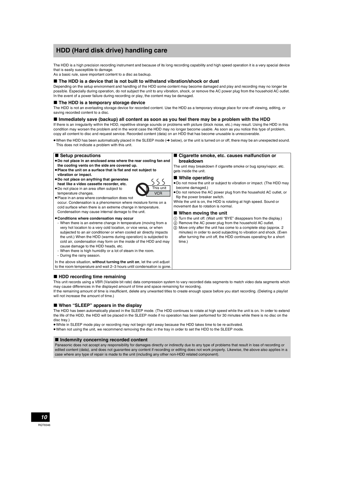 Panasonic DMR-EH75V warranty HDD Hard disk drive handling care 