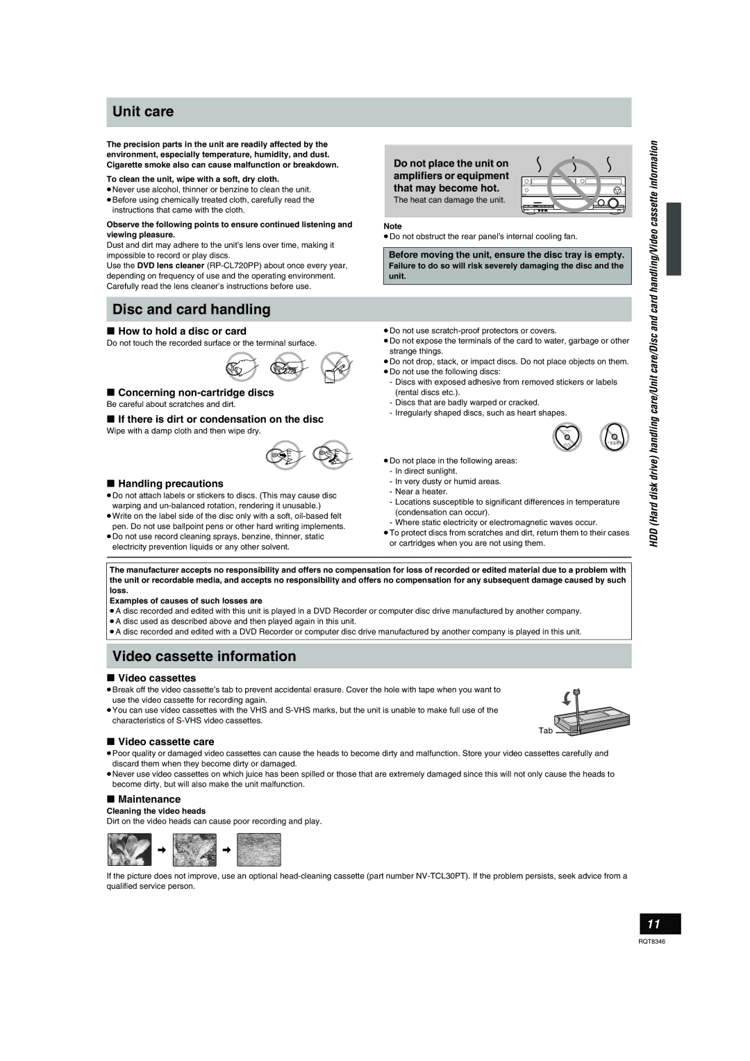 Panasonic DMR-EH75V warranty Unit care, Disc and card handling, Handling/Video cassette information 