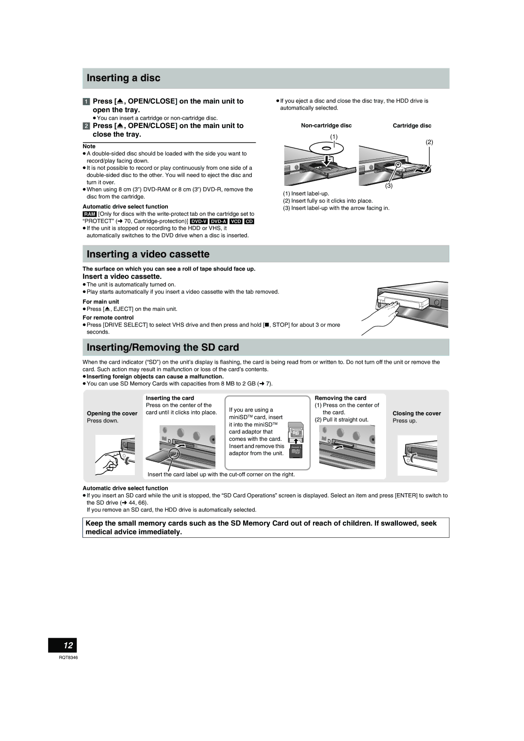 Panasonic DMR-EH75V warranty Inserting a disc, Inserting a video cassette, Inserting/Removing the SD card 