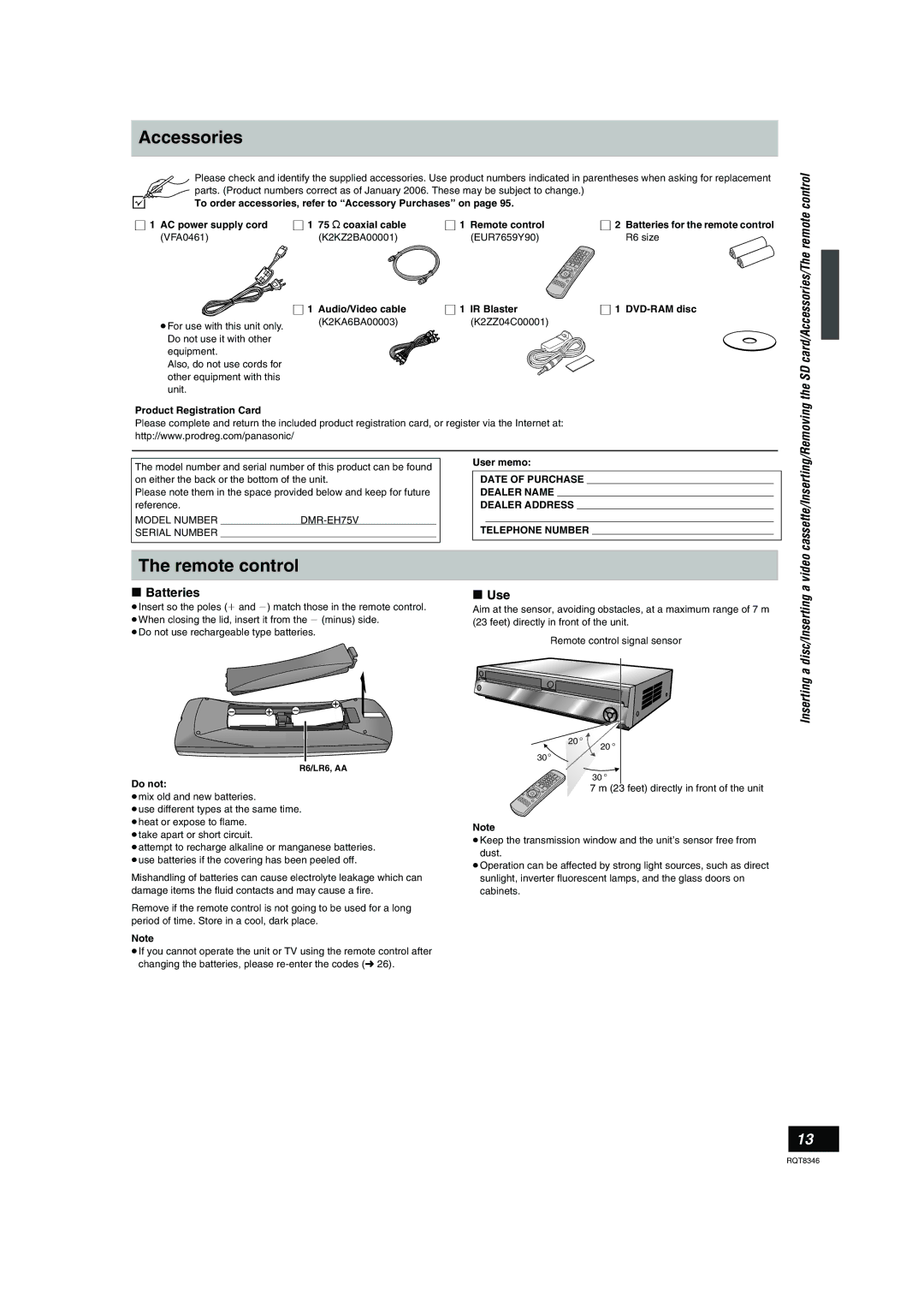 Panasonic DMR-EH75V warranty Accessories, Remote control, Batteries Use 