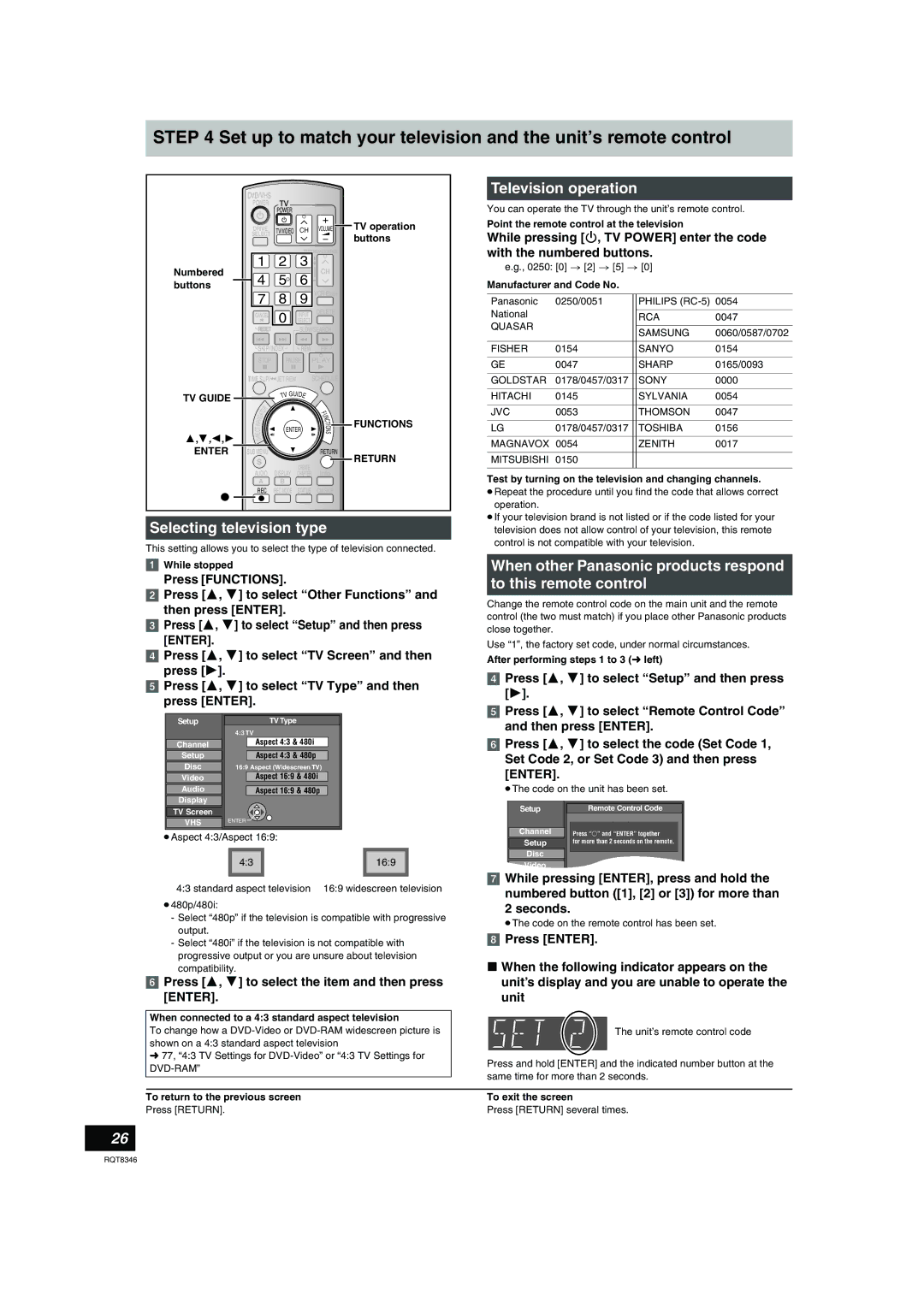 Panasonic DMR-EH75V Selecting television type, Television operation, Press 3, 4 to select the item and then press Enter 