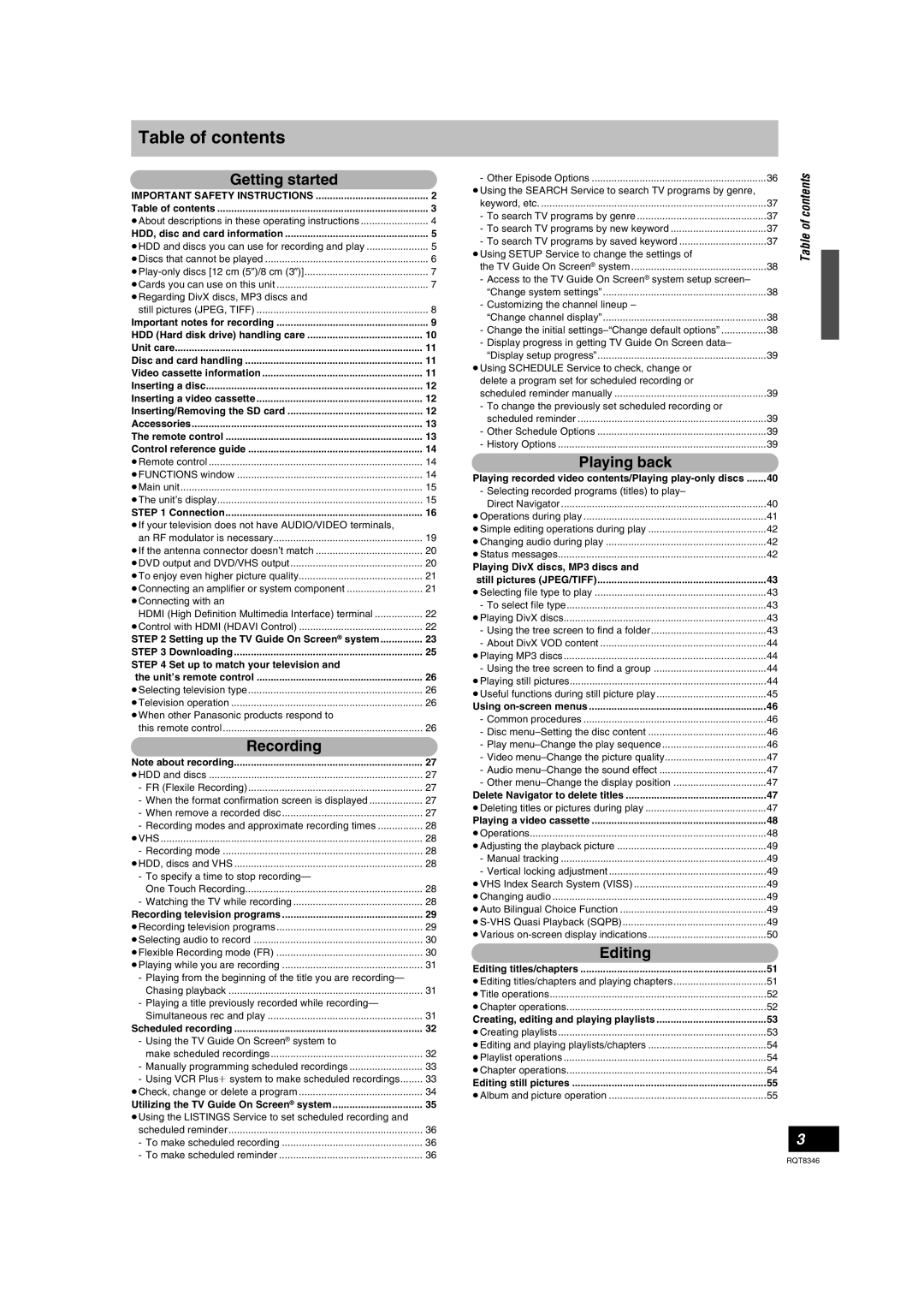 Panasonic DMR-EH75V warranty Table of contents 