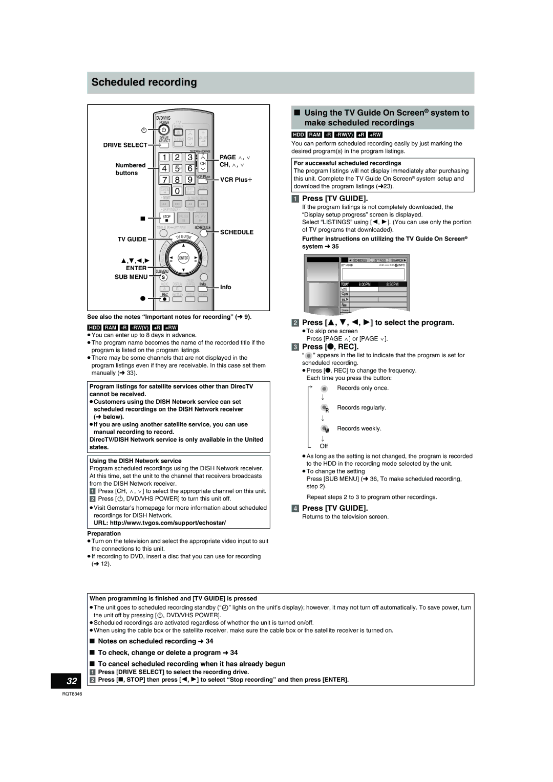 Panasonic DMR-EH75V warranty Scheduled recording, Press 3, 4, 2, 1 to select the program, Press ¥, REC 