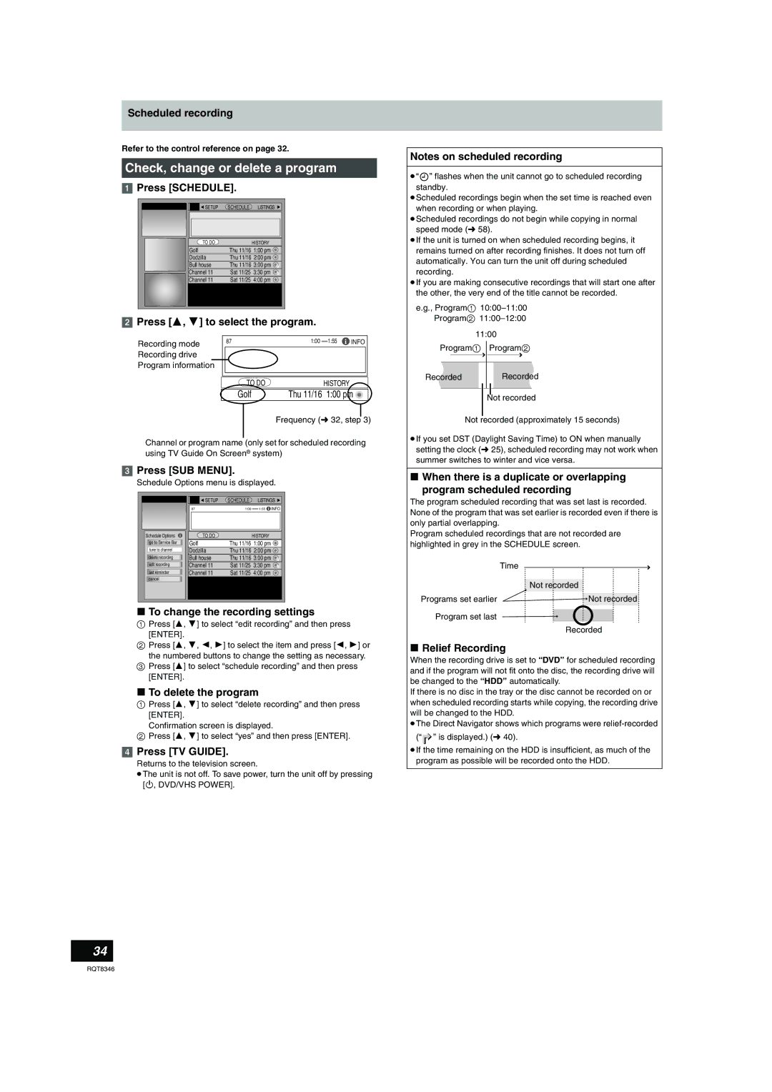 Panasonic DMR-EH75V warranty Check, change or delete a program 