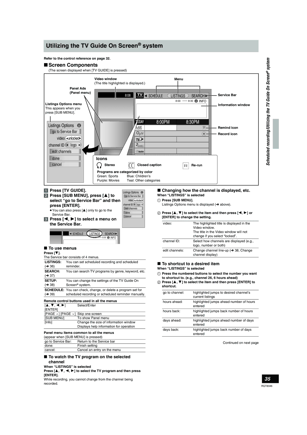 Panasonic DMR-EH75V warranty Utilizing the TV Guide On Screen system, Screen Components, Listings Options 