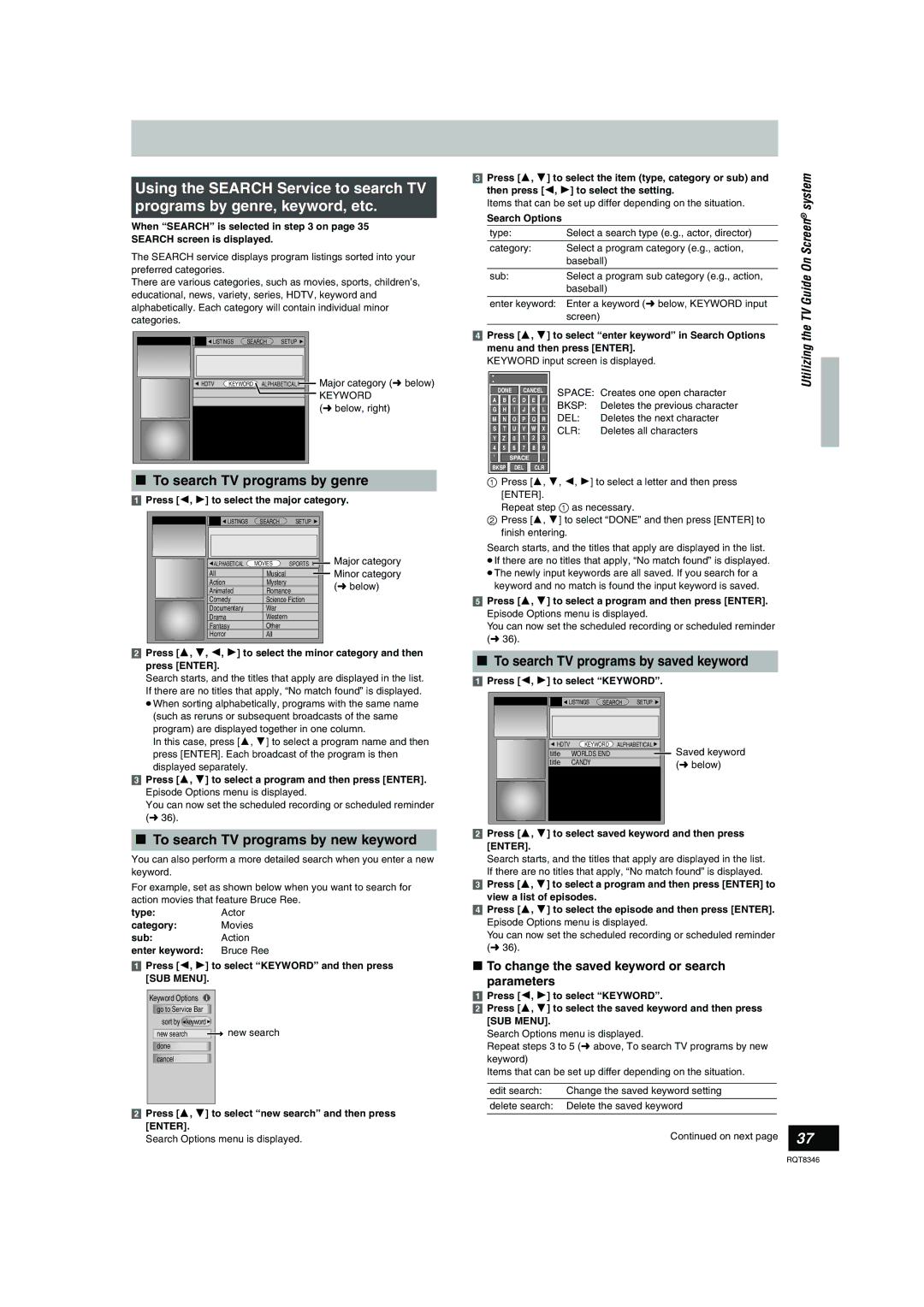 Panasonic DMR-EH75V warranty To search TV programs by genre, To search TV programs by new keyword 