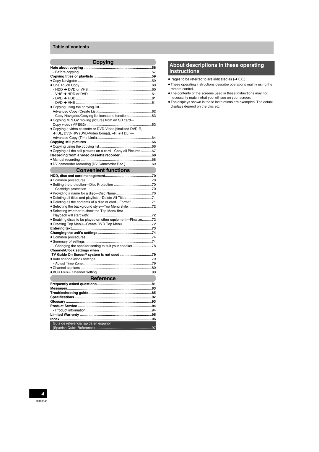 Panasonic DMR-EH75V warranty Convenient functions, About descriptions in these operating instructions, Copying, Reference 