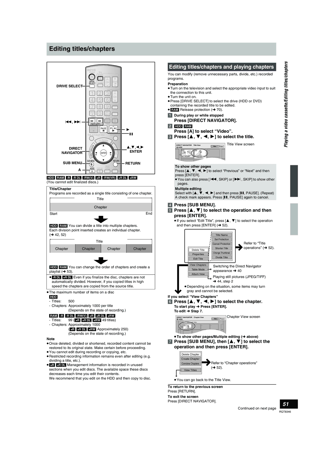 Panasonic DMR-EH75V Editing titles/chapters and playing chapters, Press a to select Video, Press 3 To select the title 