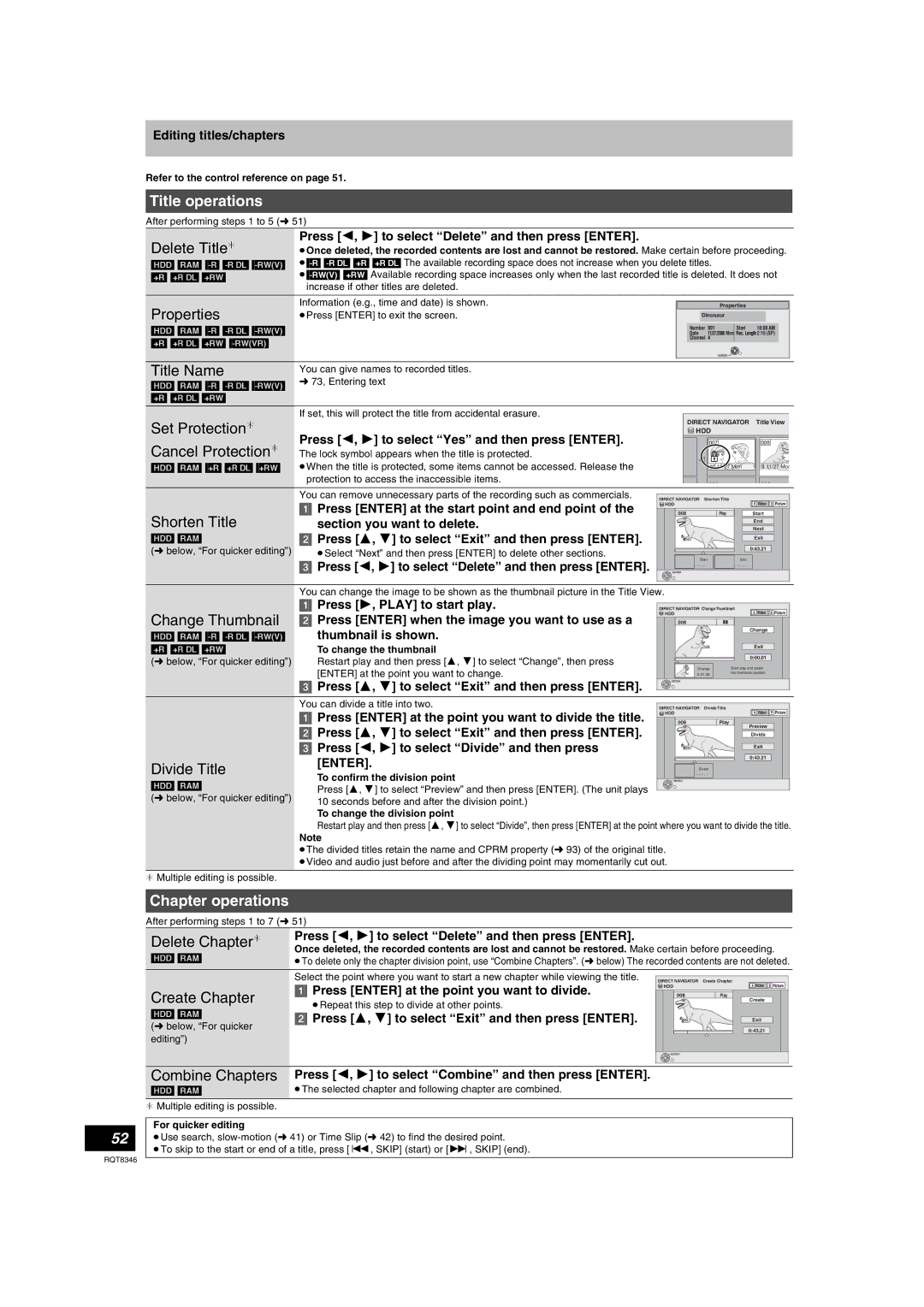 Panasonic DMR-EH75V warranty Title operations, Chapter operations, Delete Chapter ¢, Create Chapter, Combine Chapters 