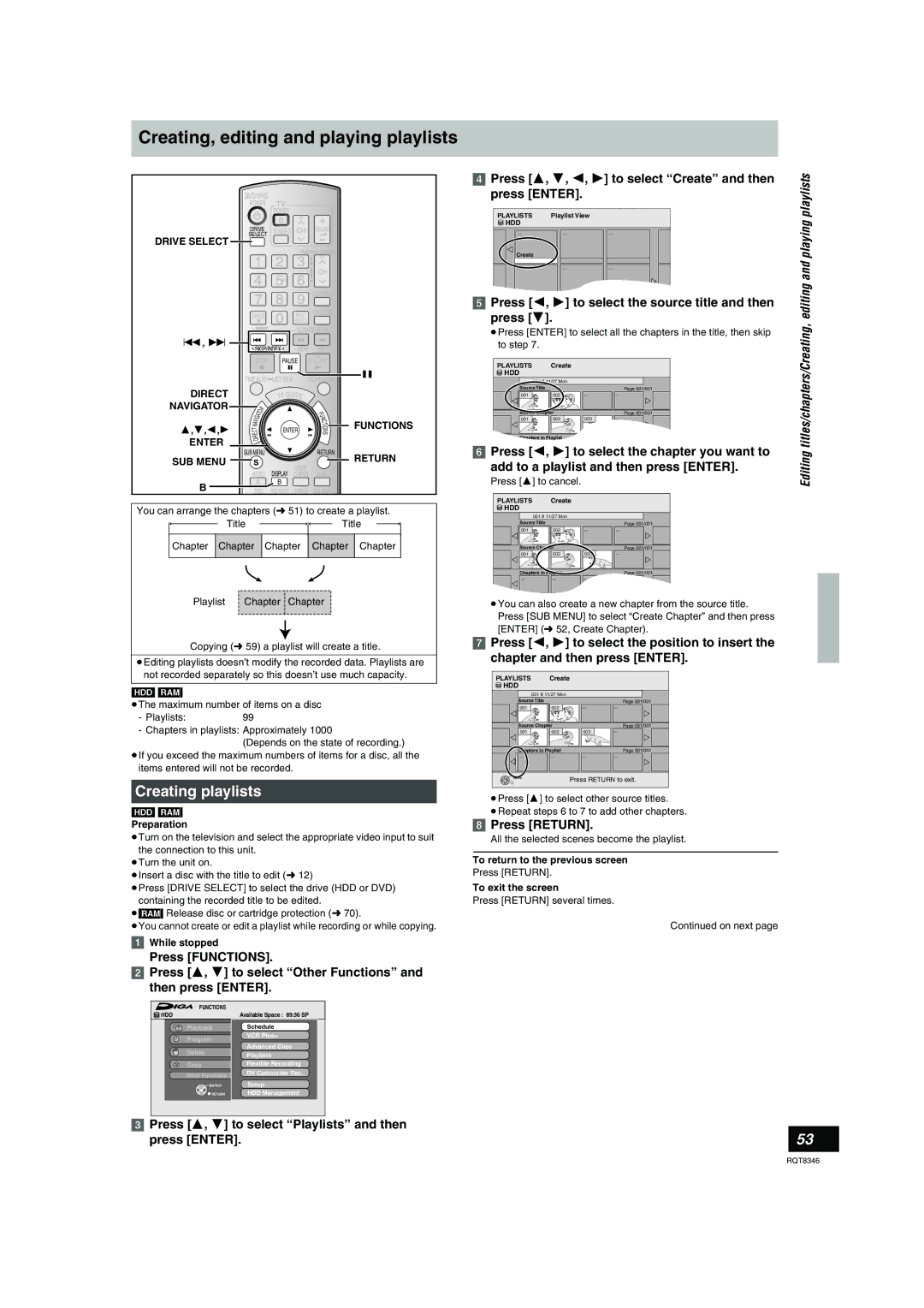 Panasonic DMR-EH75V warranty Creating, editing and playing playlists, Creating playlists, Editing 