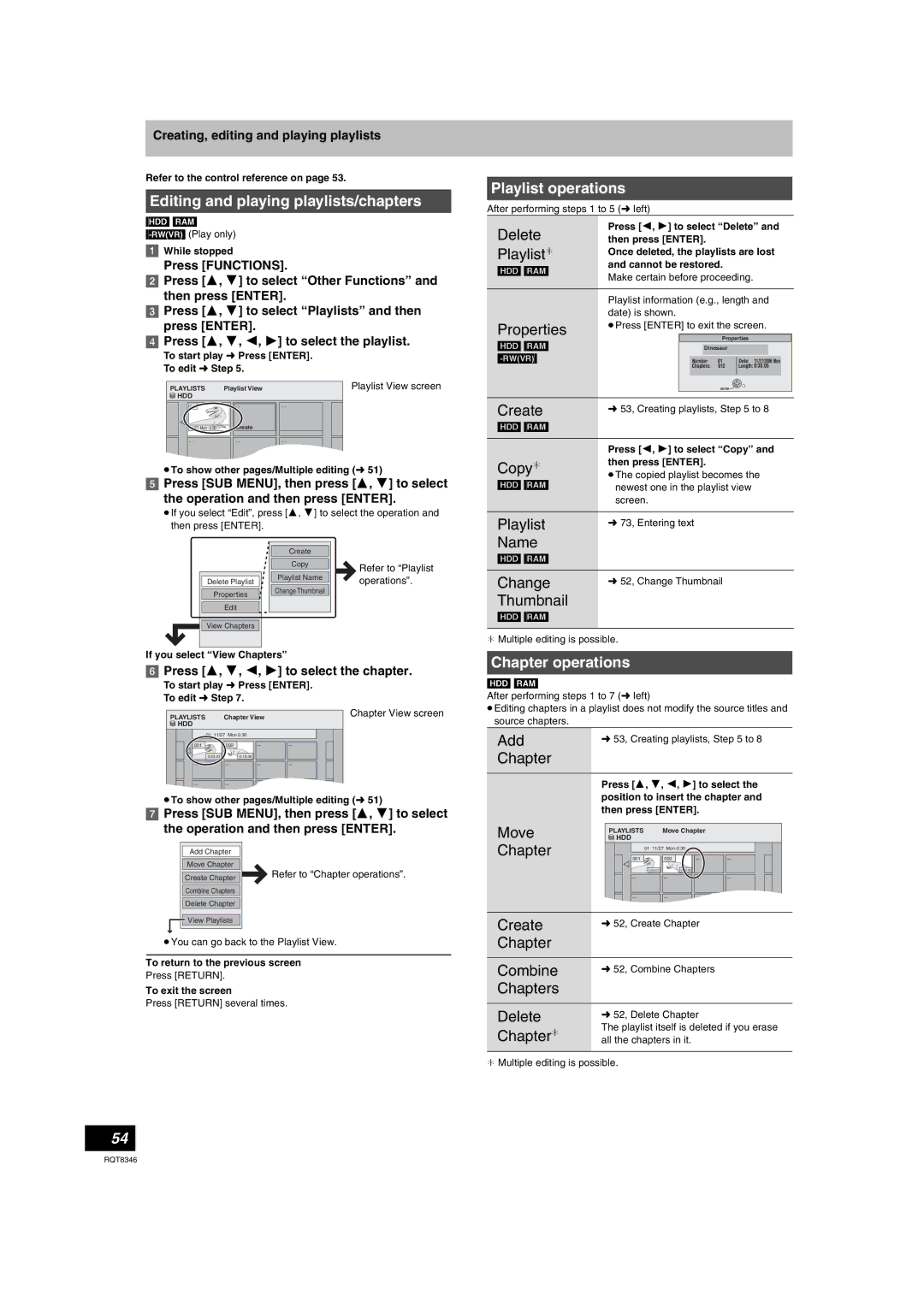 Panasonic DMR-EH75V warranty Editing and playing playlists/chapters, Playlist operations, Add, Chapter 