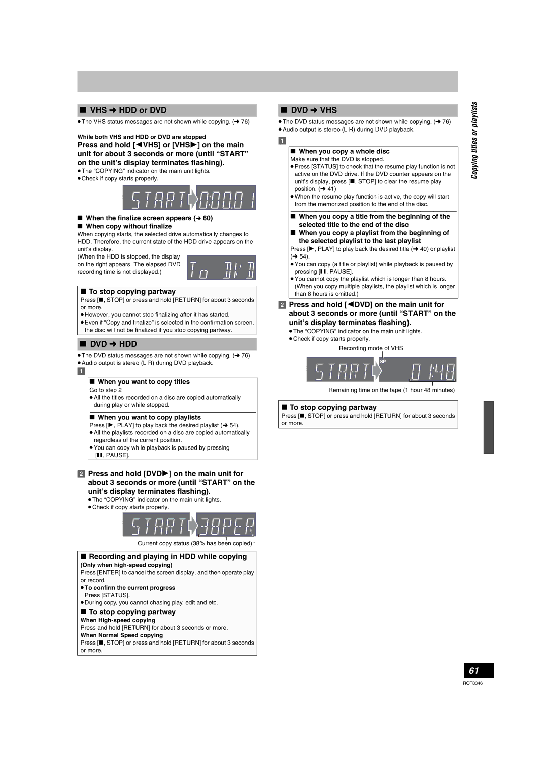 Panasonic DMR-EH75V warranty VHS l HDD or DVD, DVD l HDD, DVD l VHS, Playlists, Titles 