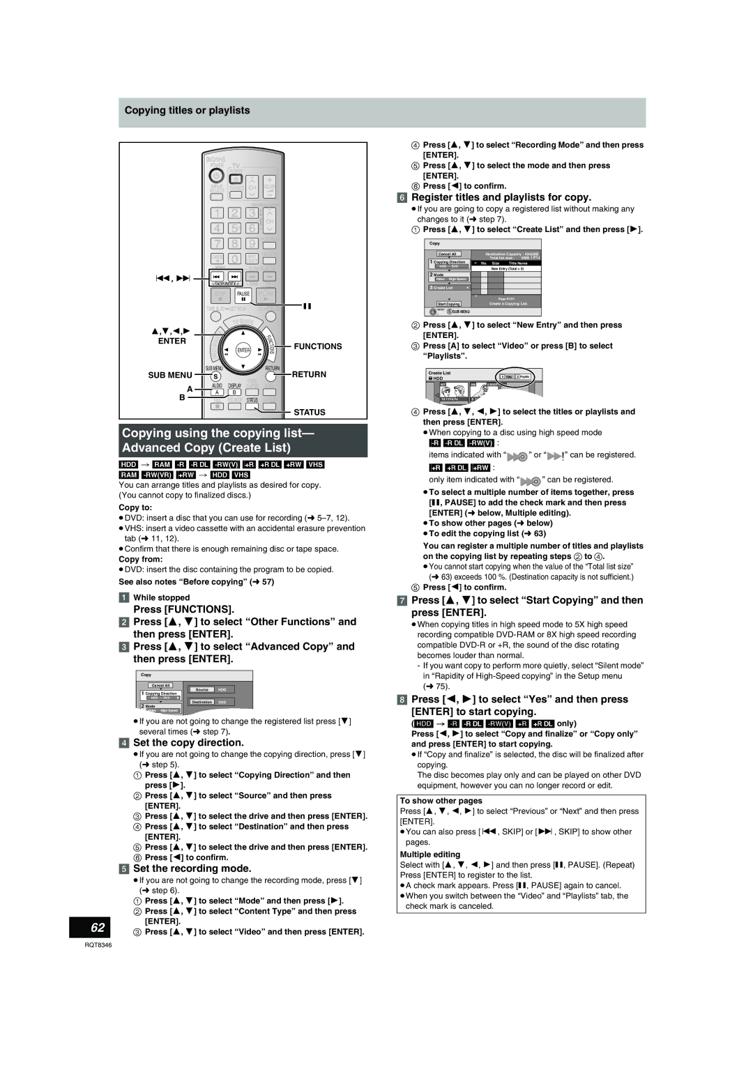 Panasonic DMR-EH75V warranty Copying using the copying list Advanced Copy Create List, Set the copy direction 