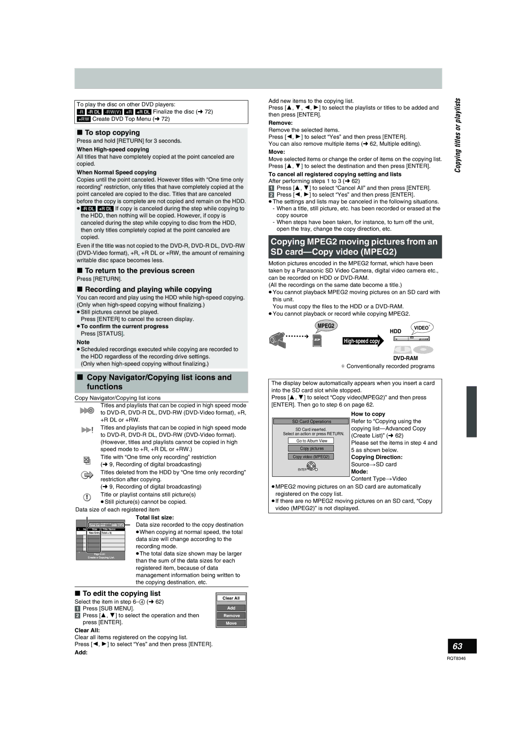 Panasonic DMR-EH75V Copy Navigator/Copying list icons and functions, To stop copying, To return to the previous screen 