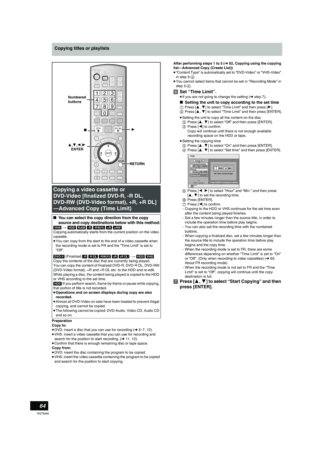 Panasonic DMR-EH75V warranty Set Time Limit, Press 3, 4 to select Start Copying and then press Enter 