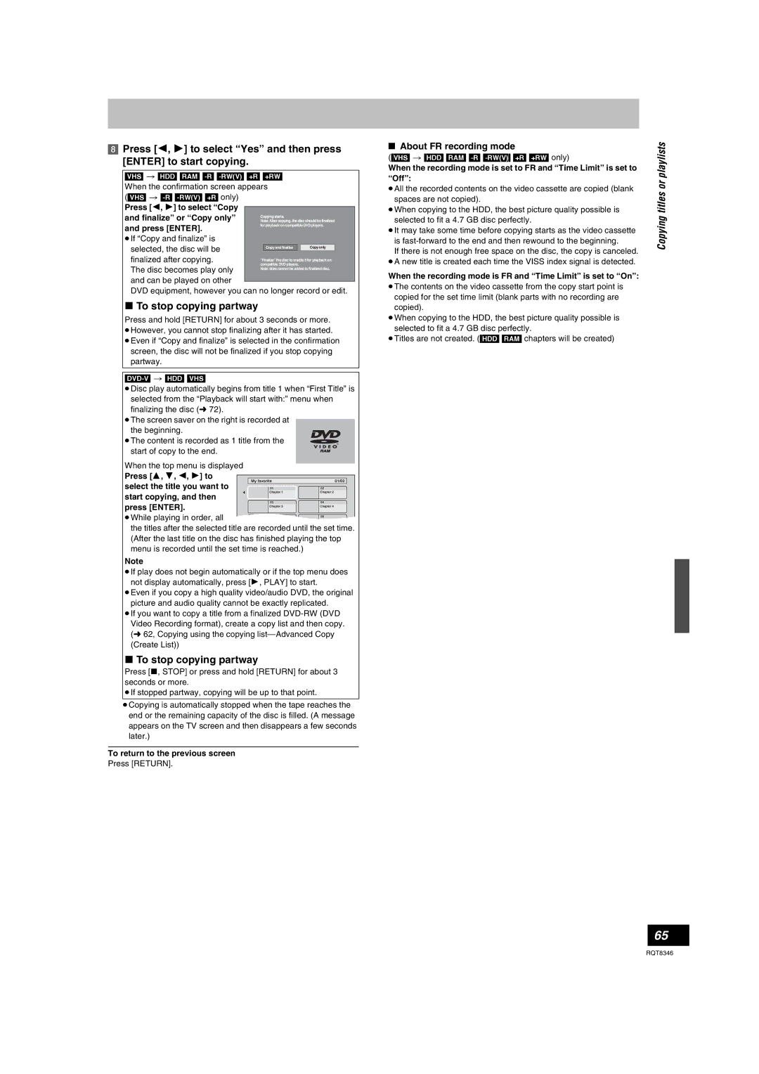 Panasonic DMR-EH75V Copying titles or playlists, About FR recording mode, Press 3, 4, 2, 1 to, Start copying, and then 