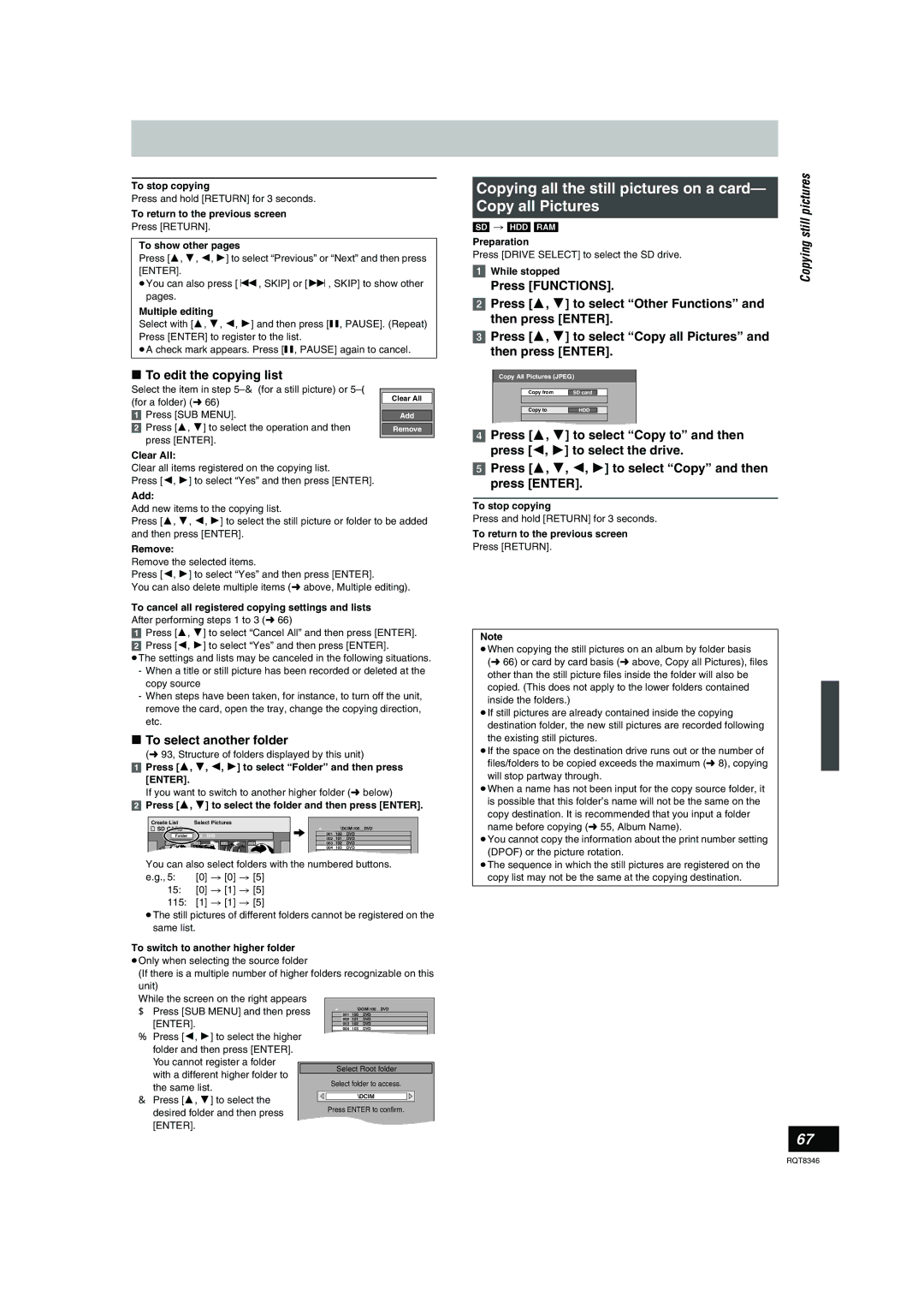 Panasonic DMR-EH75V warranty To select another folder, Pictures, Still, Press Functions 