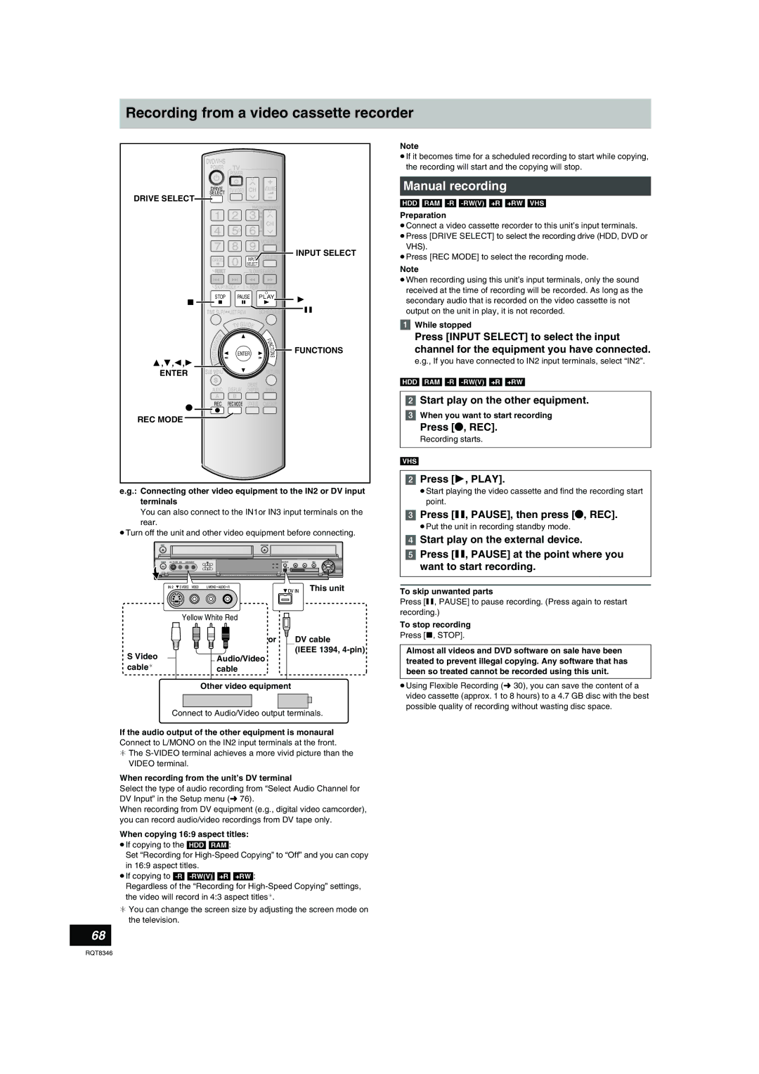 Panasonic DMR-EH75V warranty Recording from a video cassette recorder, Manual recording, Start play on the other equipment 