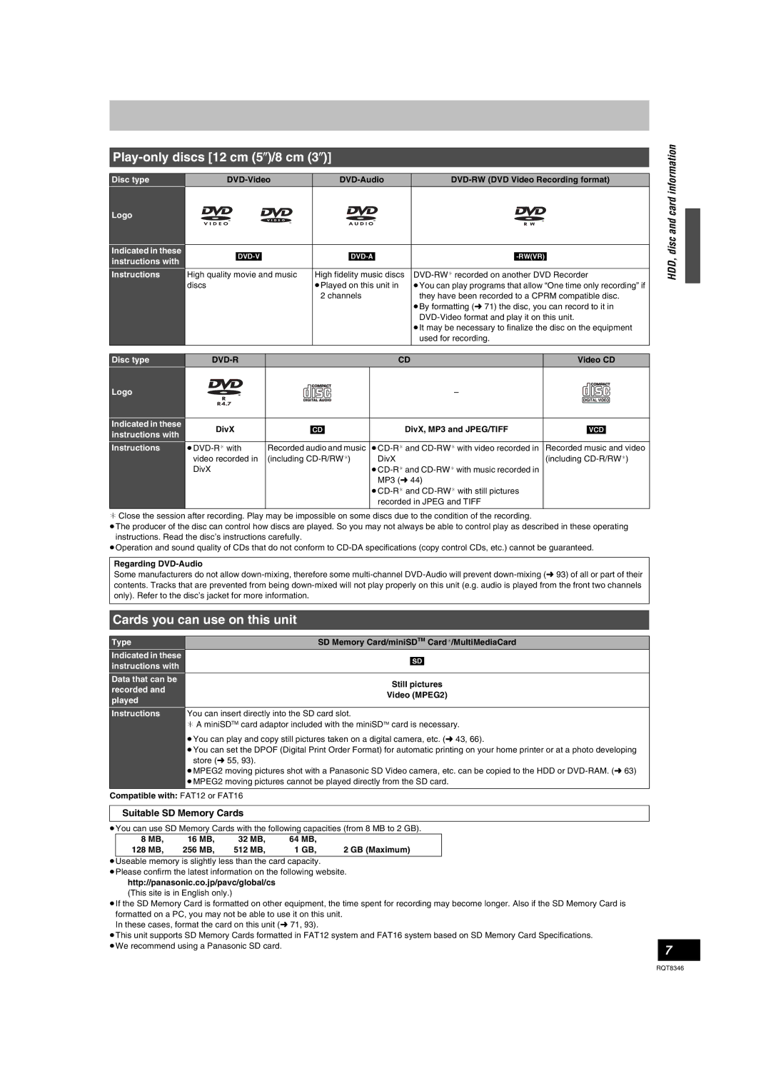 Panasonic DMR-EH75V Play-only discs 12 cm 5z/8 cm 3z, Cards you can use on this unit, Information, HDD, disc and card 