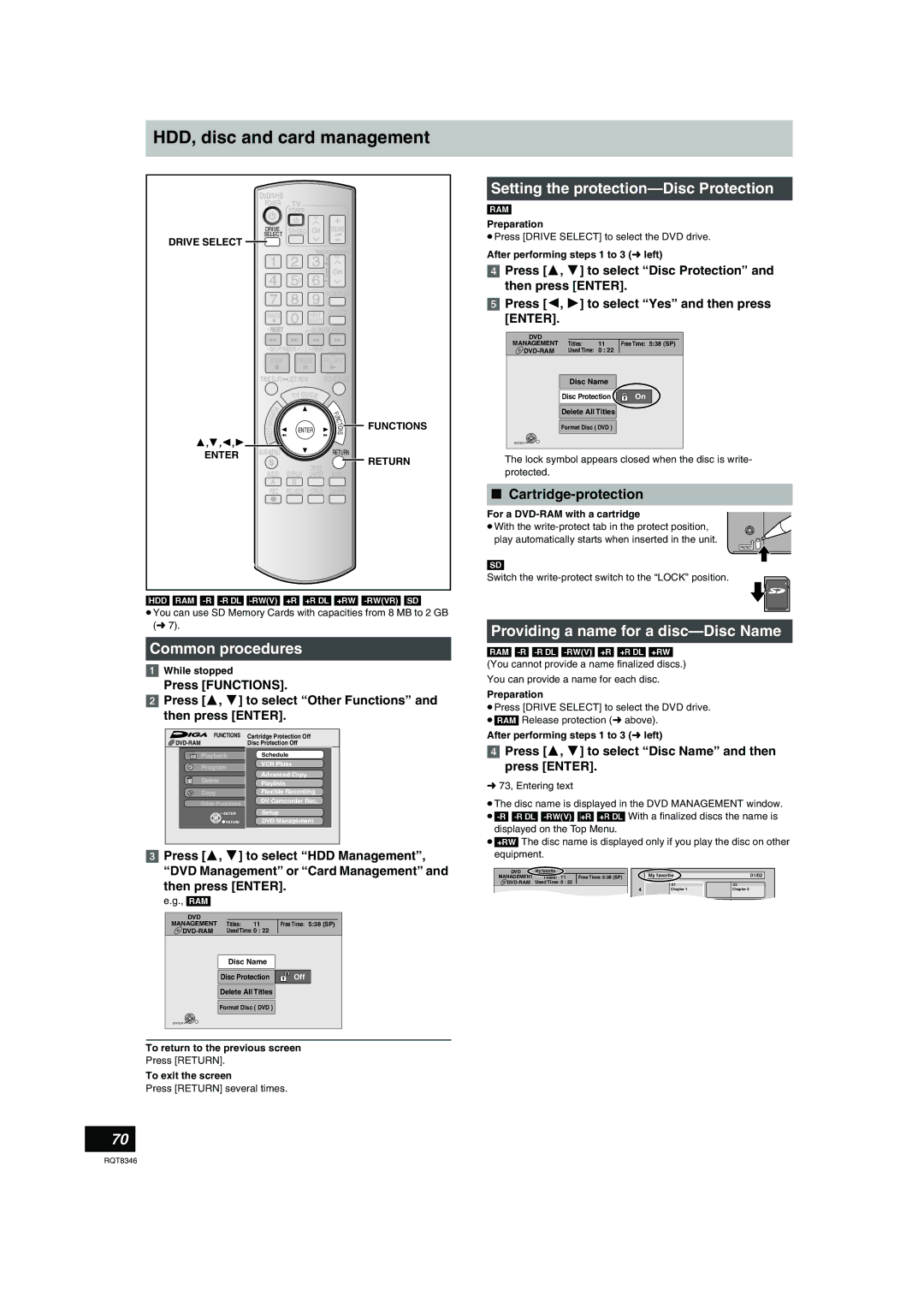 Panasonic DMR-EH75V HDD, disc and card management, Common procedures, Cartridge-protection, For a DVD-RAM with a cartridge 