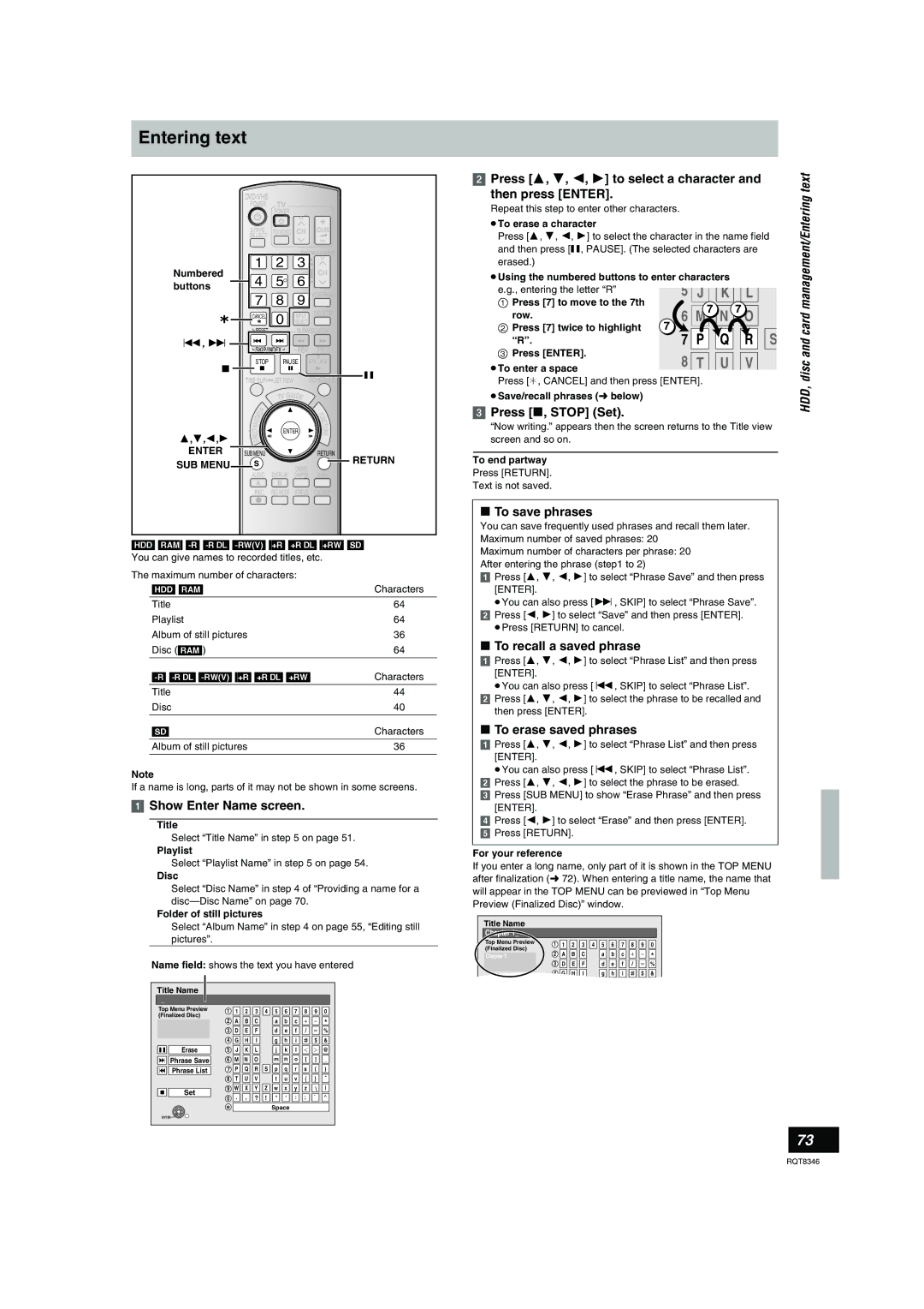 Panasonic DMR-EH75V warranty Entering text, Text 