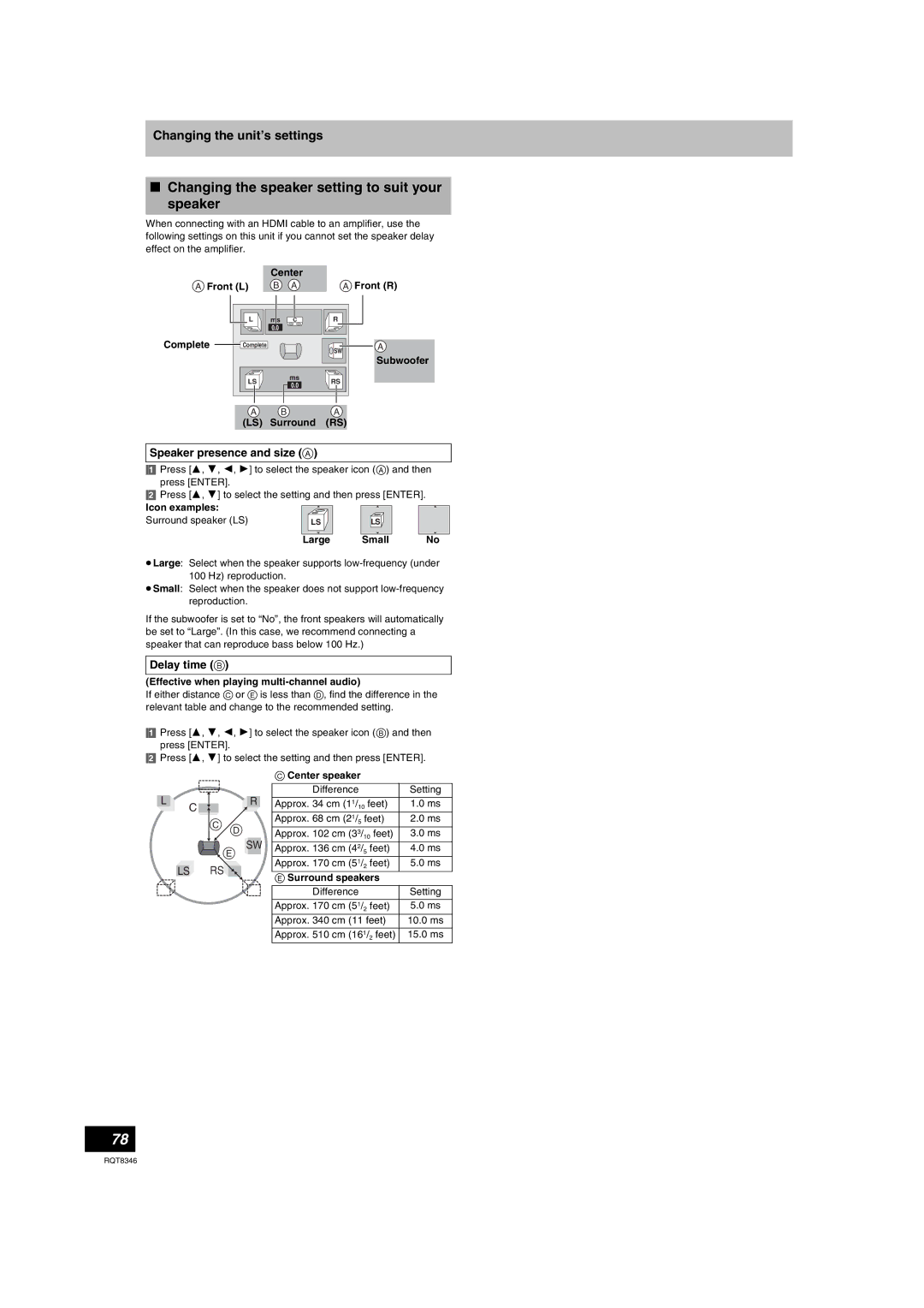 Panasonic DMR-EH75V warranty Changing the speaker setting to suit your speaker, Speaker presence and size a, Delay time B 