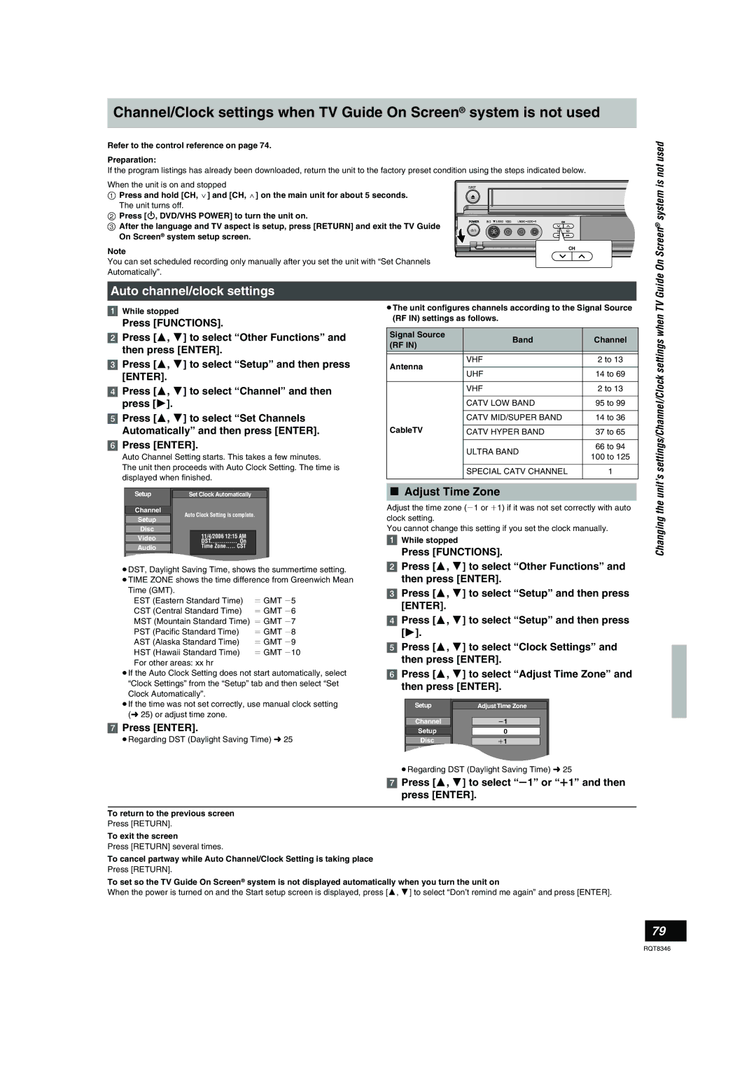 Panasonic DMR-EH75V warranty Auto channel/clock settings, Adjust Time Zone, Guide On Screen system is not used 