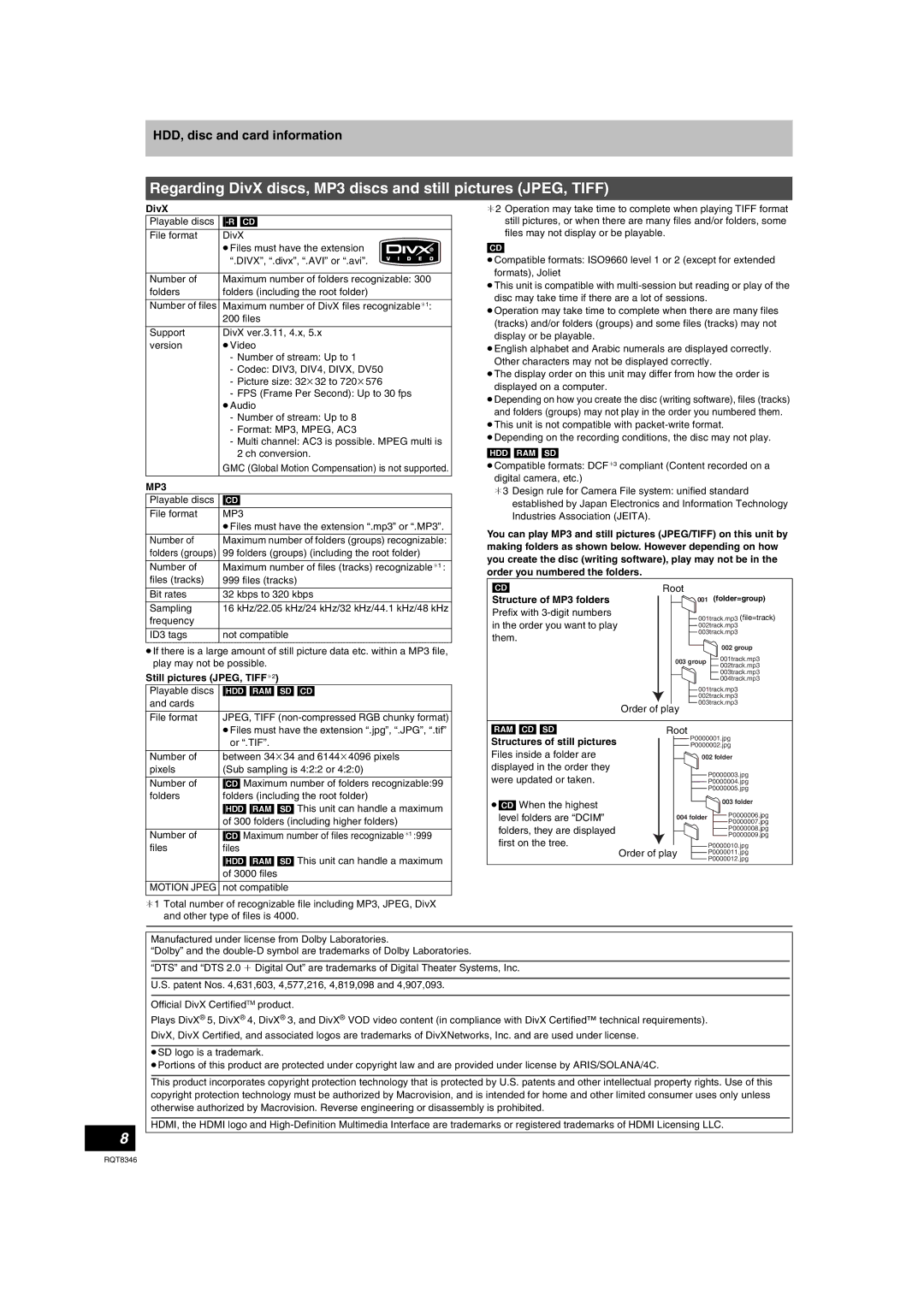 Panasonic DMR-EH75V warranty DivX, Still pictures JPEG, TIFF¢2, Structure of MP3 folders 