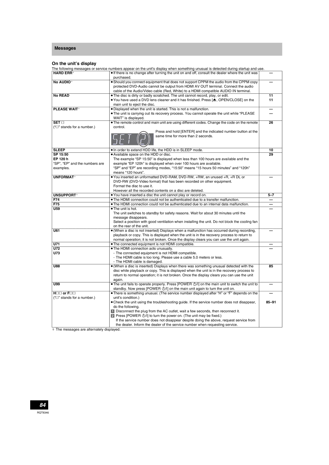 Panasonic DMR-EH75V warranty Messages On the unit’s display 