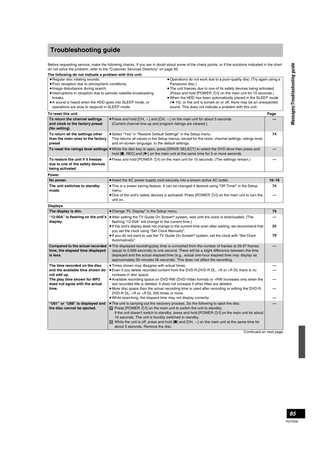 Panasonic DMR-EH75V warranty Messages/Troubleshooting guide 