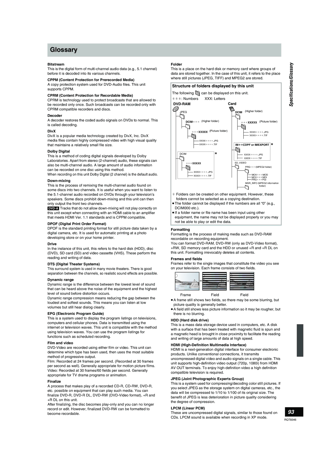 Panasonic DMR-EH75V warranty Specifications/Glossary, Structure of folders displayed by this unit 