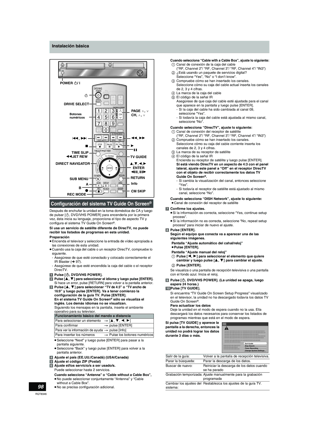 Panasonic DMR-EH75V warranty Configuración del sistema TV Guide On Screen, Instalación básica, 6JET REW, Direct Navigator 