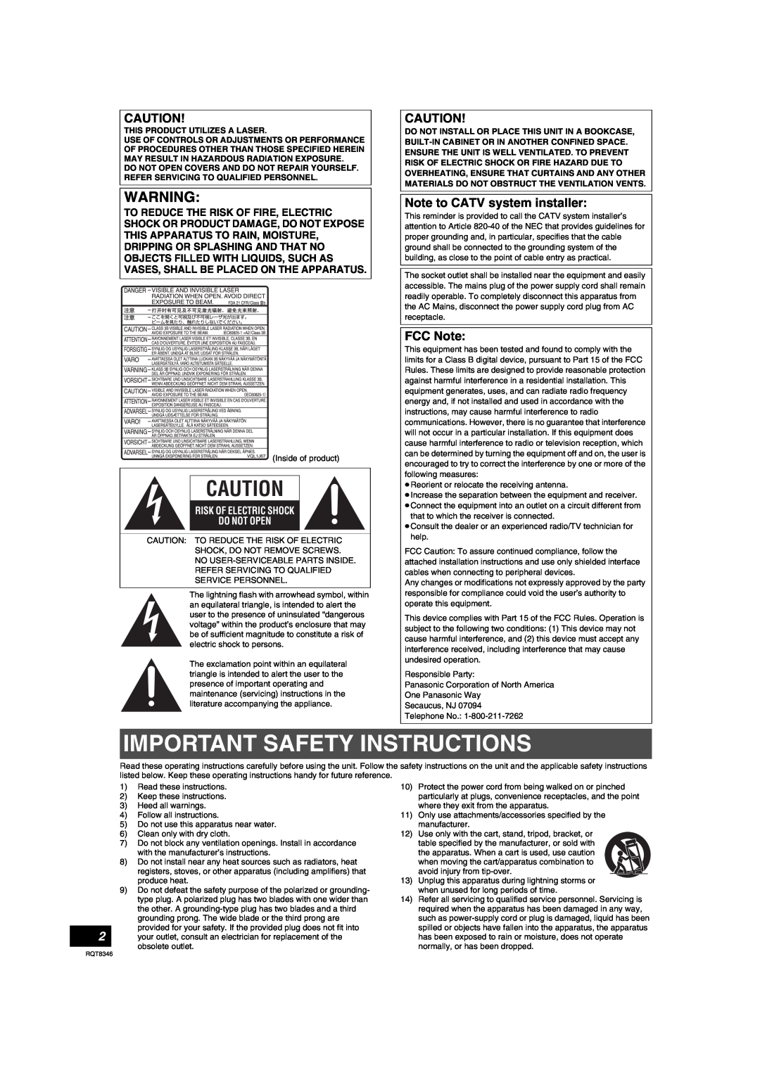Panasonic DMR-EH75V warranty Note to CATV system installer, FCC Note, Important Safety Instructions 