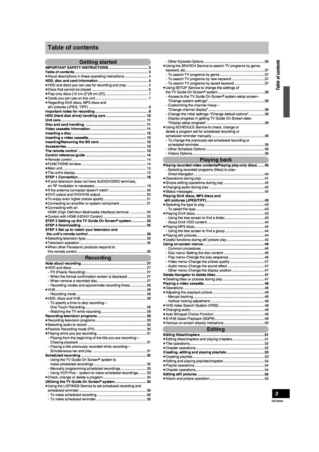 Panasonic DMR-EH75V warranty Table of contents, Getting started, Recording, Playing back, Editing 