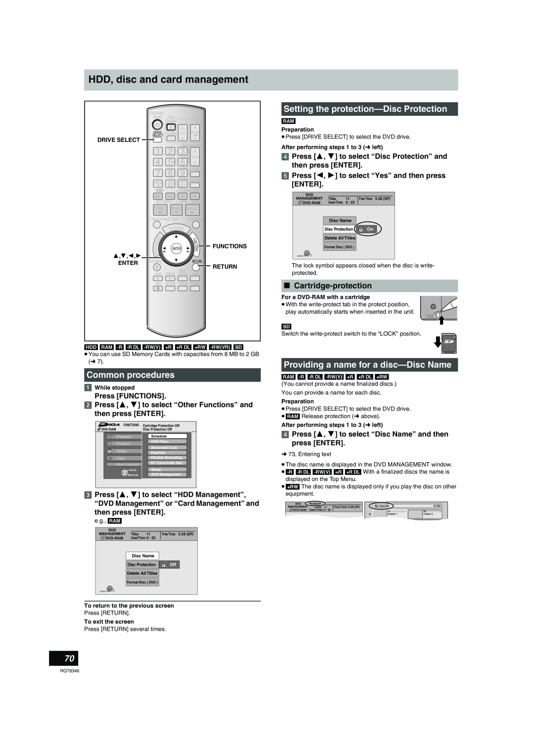 Panasonic DMR-EH75V HDD, disc and card management, Common procedures, ∫ Cartridge-protection, Press FUNCTIONS, Functions 