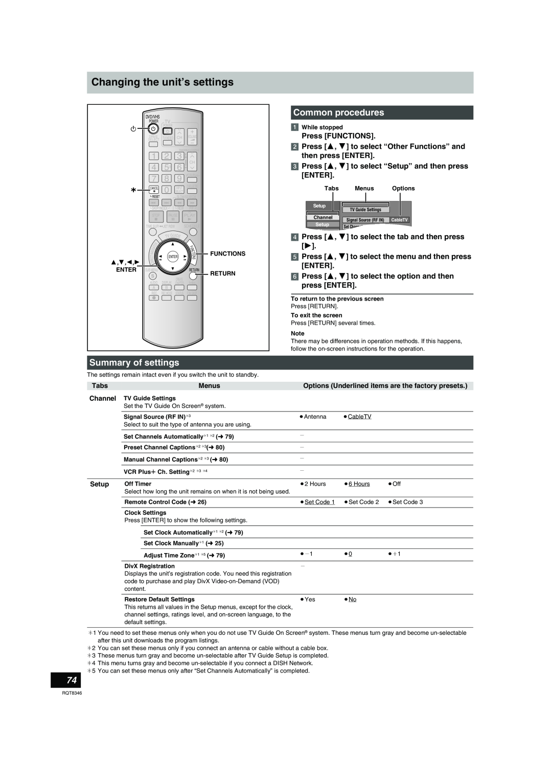 Panasonic DMR-EH75V Changing the unit’s settings, Summary of settings, Common procedures, Press FUNCTIONS, Tabs, Menus 