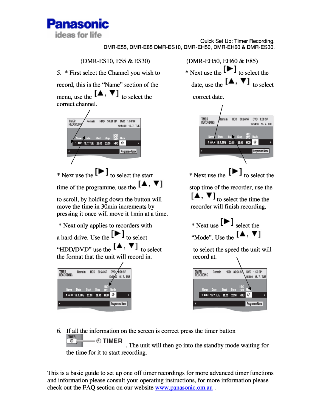 Panasonic DMR-ES30, DMR-EX88, DMR-E85 manual DMR-ES10, E55 & ES30 