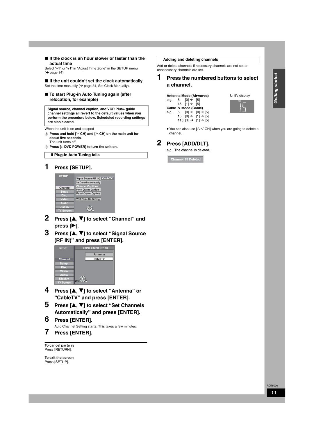 Panasonic DMR-ES10 warranty Press Setup, Press the numbered buttons to select a channel, Press ADD/DLT 