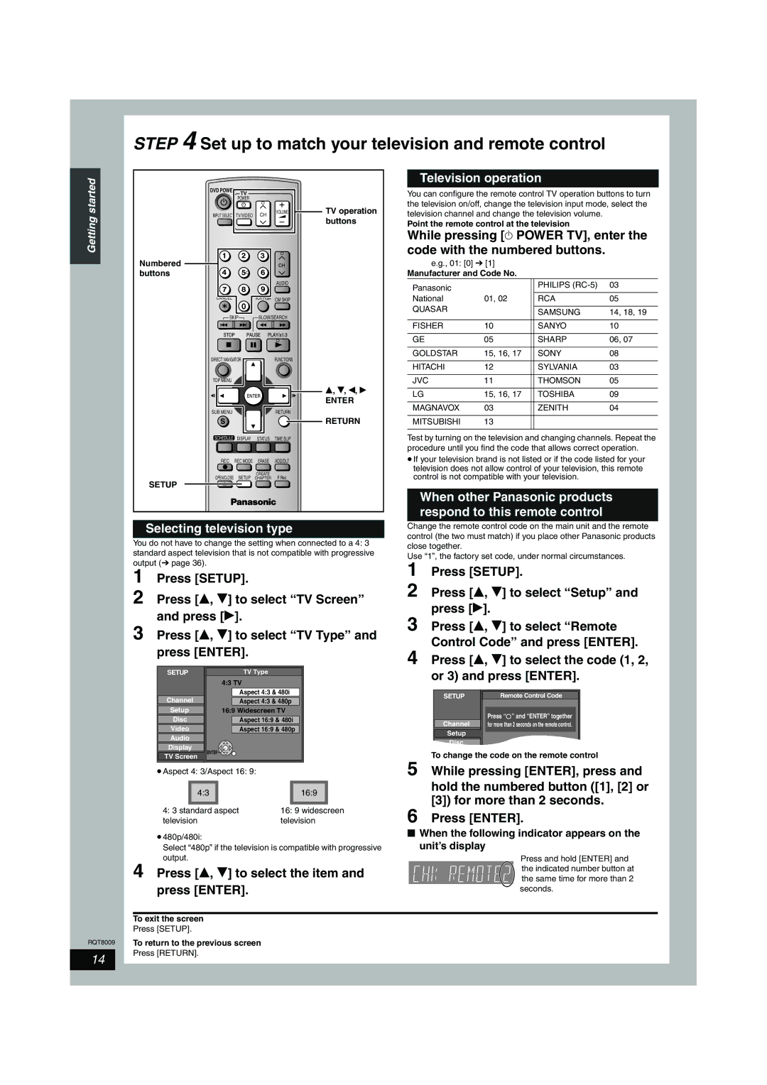 Panasonic DMR-ES10 warranty Selecting television type, Press e, r to select the item and press Enter, Television operation 