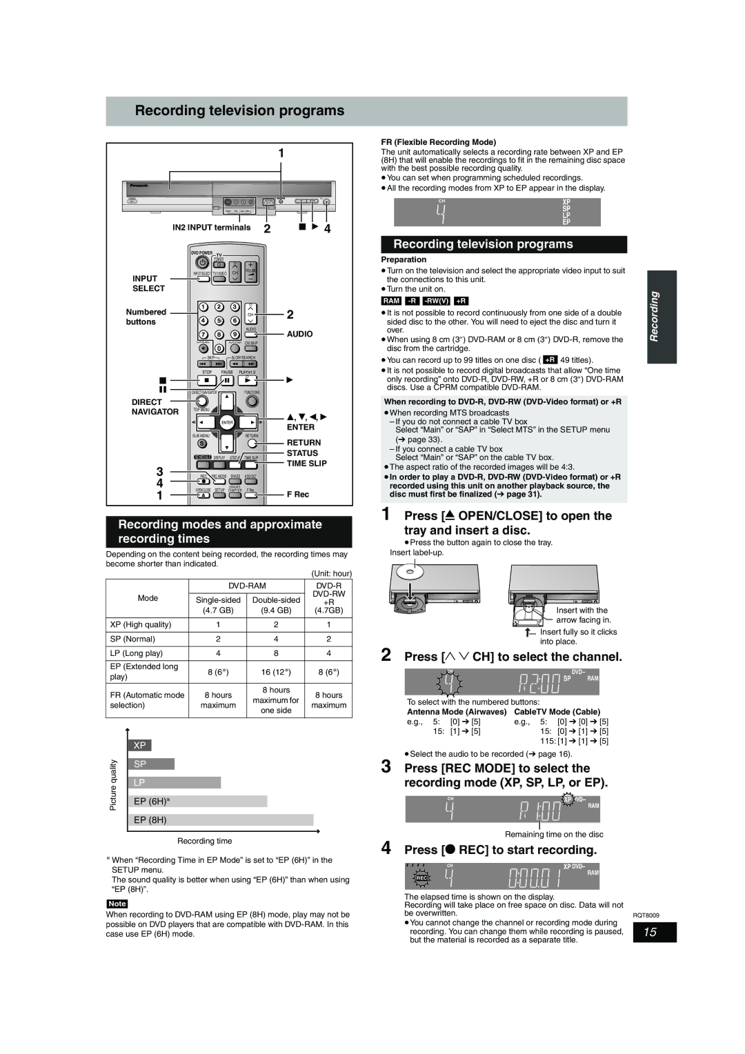 Panasonic DMR-ES10 warranty Recording television programs, Recording modes and approximate recording times 