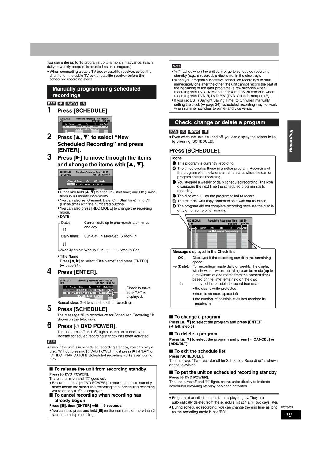 Panasonic DMR-ES10 warranty Manually programming scheduled recordings, Check, change or delete a program 