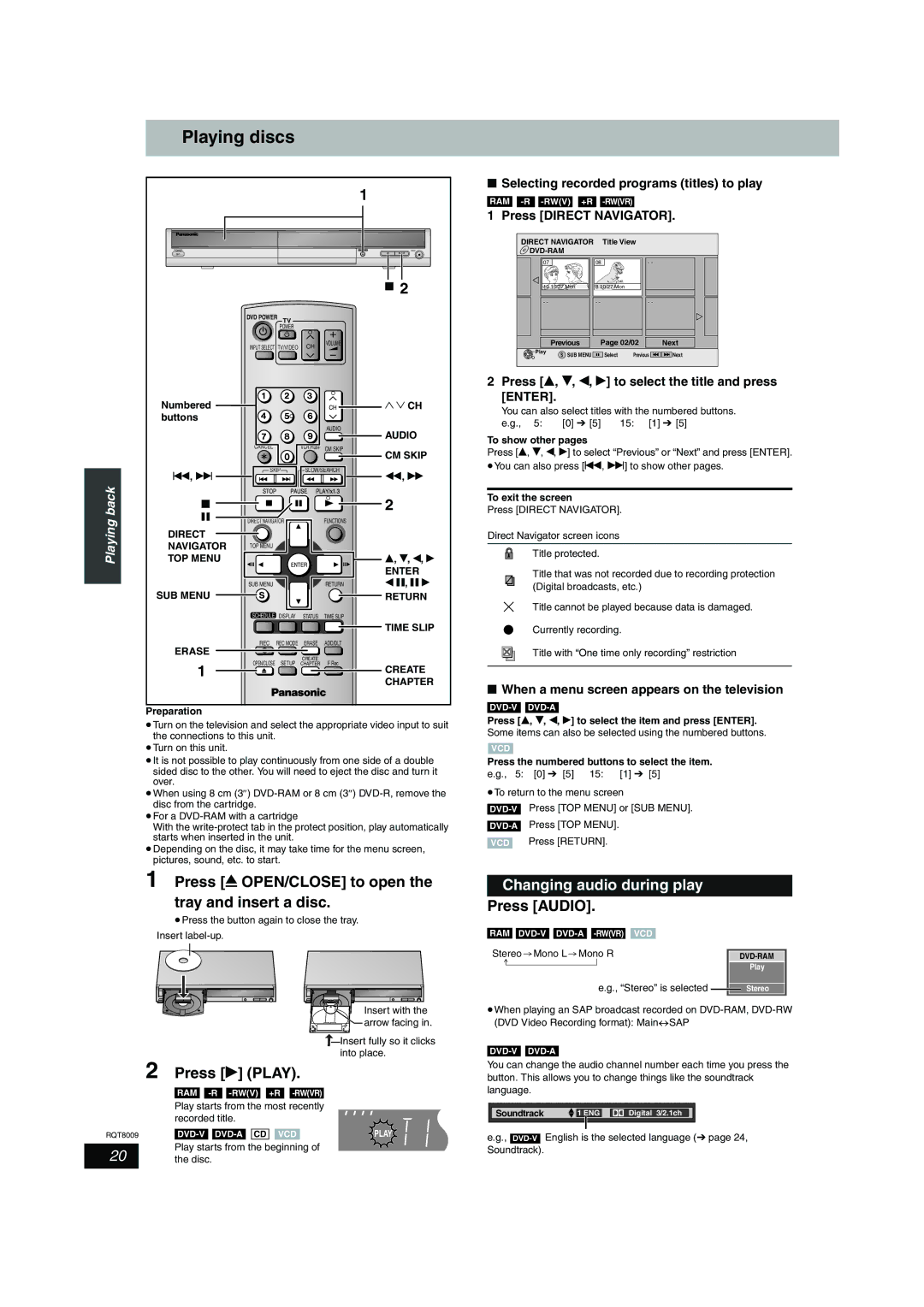 Panasonic DMR-ES10 warranty Playing discs, Press OPEN/CLOSE to open the tray and insert a disc, Press q Play 