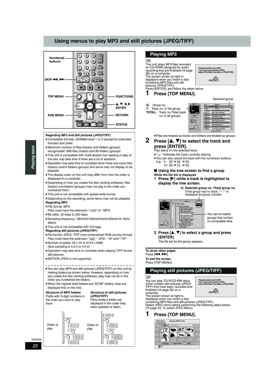 Panasonic DMR-ES10 warranty Using menus to play MP3 and still pictures JPEG/TIFF, Playing MP3, Press TOP Menu 