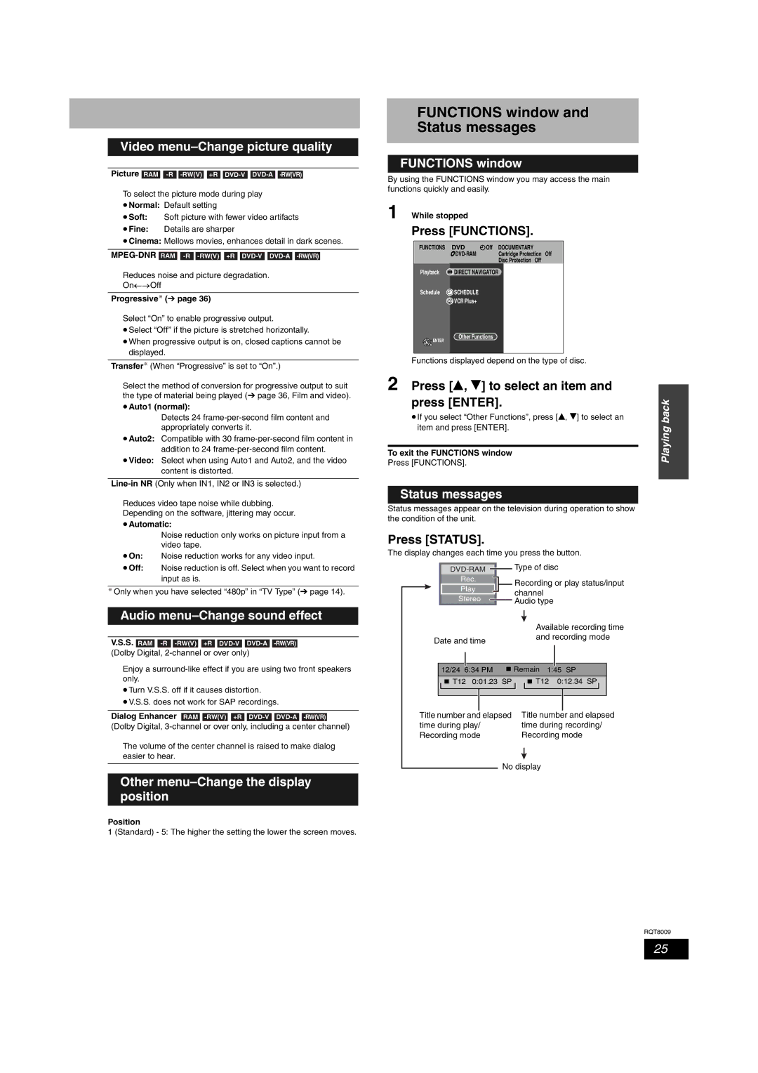 Panasonic DMR-ES10 warranty Functions window Status messages 