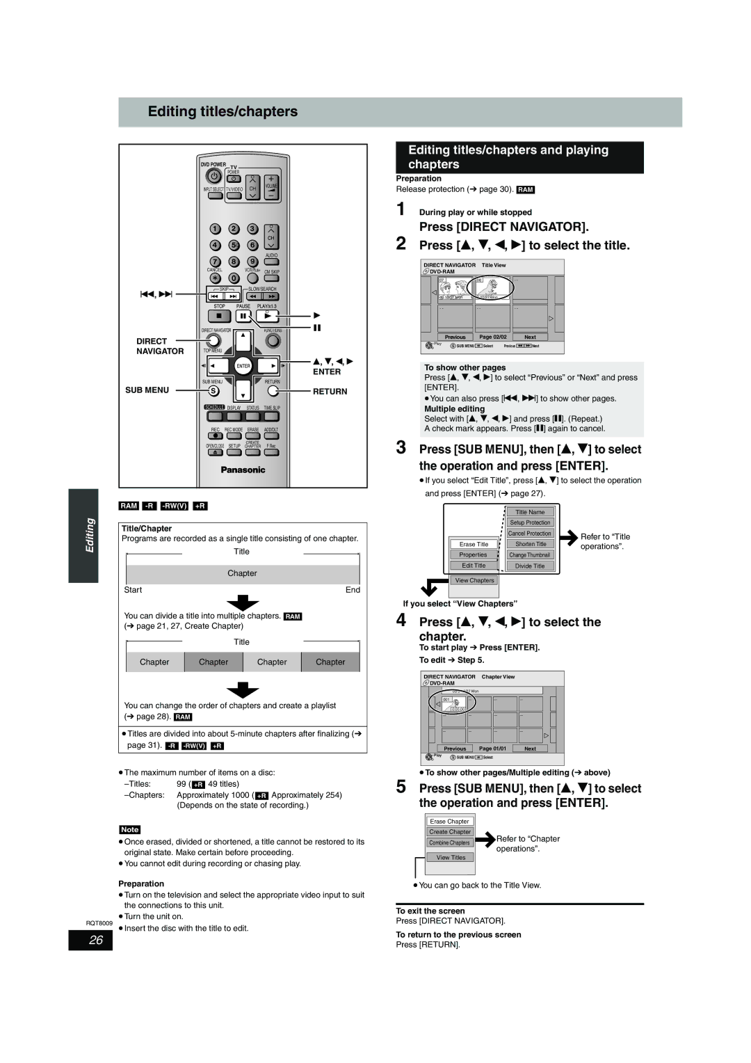 Panasonic DMR-ES10 warranty Editing titles/chapters and playing chapters, Press e, r, w, q to select the chapter 