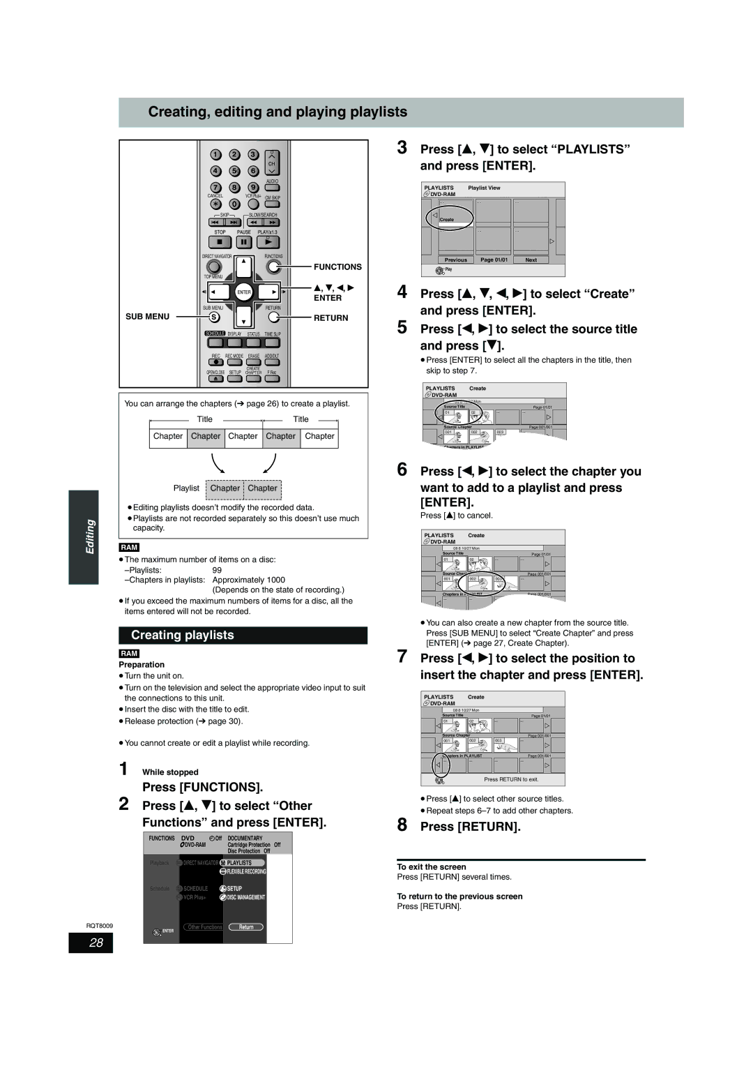 Panasonic DMR-ES10 warranty Creating, editing and playing playlists, Creating playlists, Press Return 