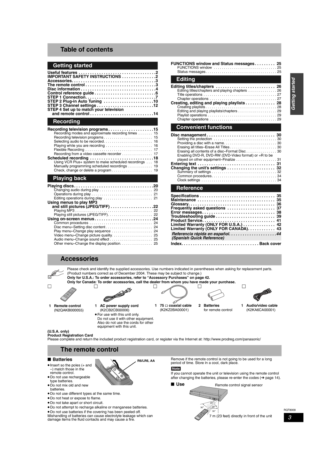 Panasonic DMR-ES10 warranty Table of contents, Accessories, Remote control 