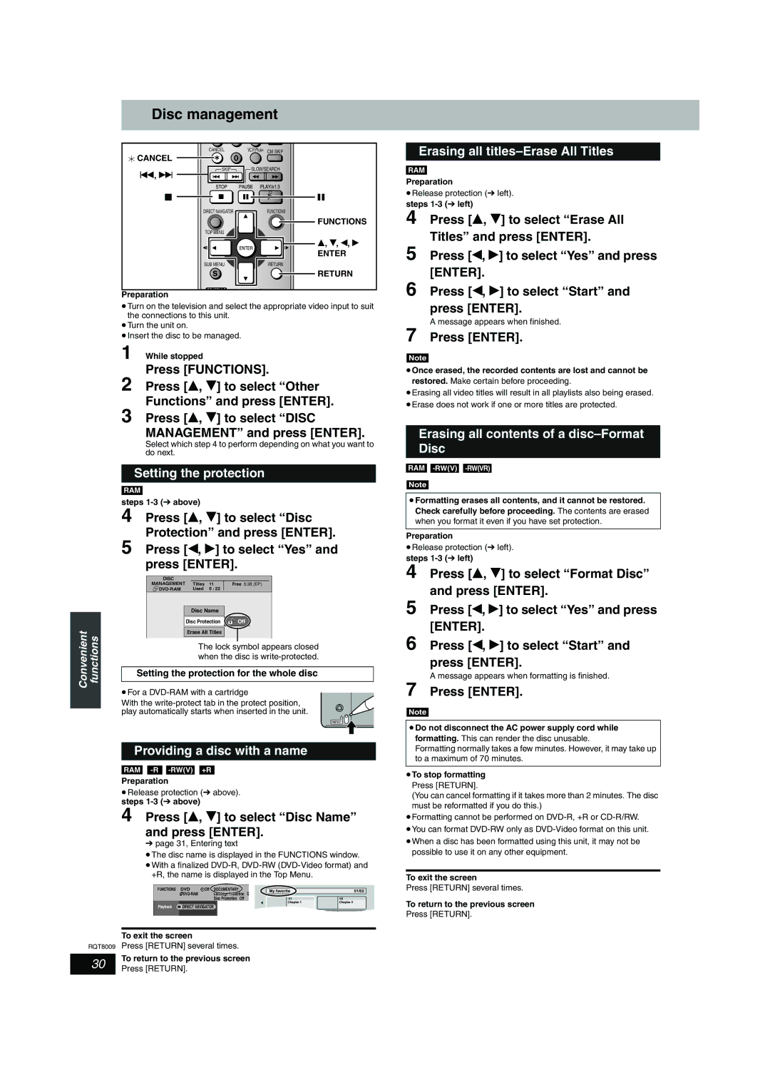 Panasonic DMR-ES10 warranty Disc management, Setting the protection, Providing a disc with a name 