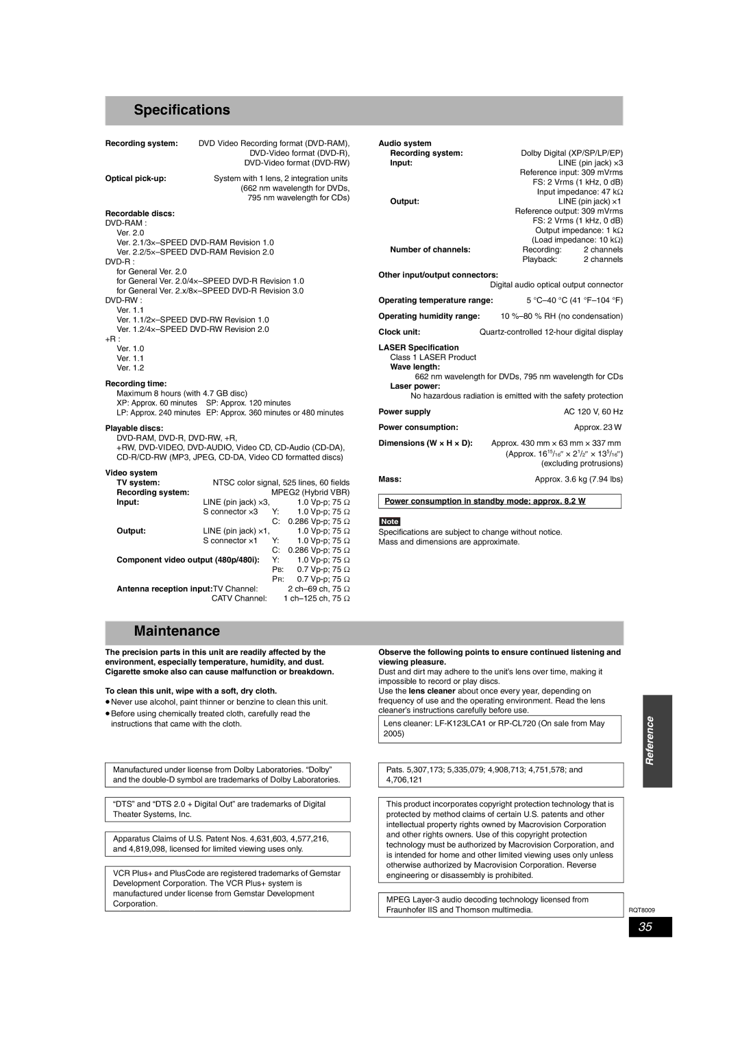 Panasonic DMR-ES10 warranty Specifications, Maintenance 