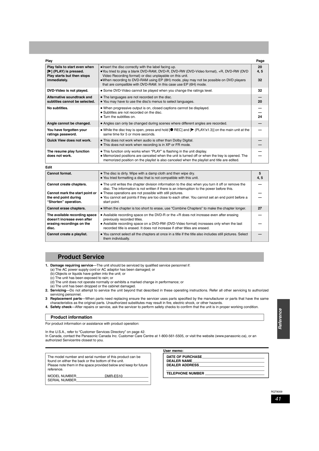 Panasonic DMR-ES10 warranty Product Service, Product information 